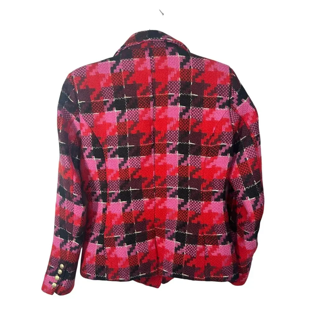 Anthropologie Exploded Plaid Tweed Blazer Medium Red Pink Gold Button Jacket